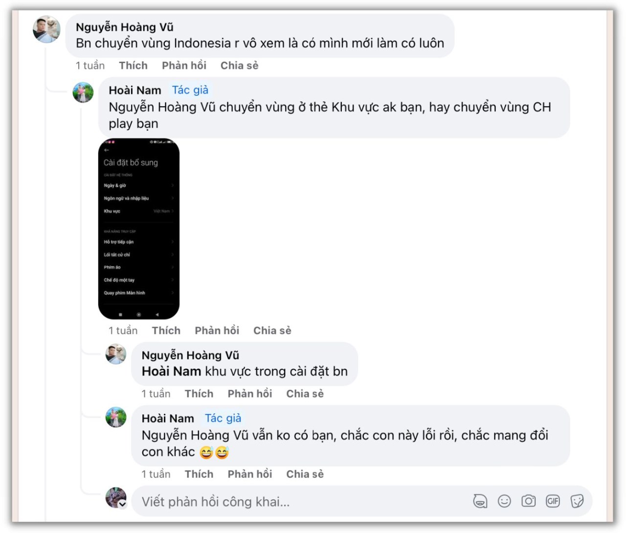 Khi tài khoản Facebook Hoài Nam chuyển vùng cho Xiaomi 13T Pro của anh ấy sang quốc gia Indonesia, thiết bị vẫn không nhận được bản cập nhật HyperOS. Nguồn: Facebook Hoài Nam. Khi tài khoản Facebook Hoài Nam chuyển vùng cho Xiaomi 13T Pro của anh ấy sang quốc gia Indonesia, thiết bị vẫn không nhận được bản cập nhật HyperOS. Nguồn: Facebook Hoài Nam.