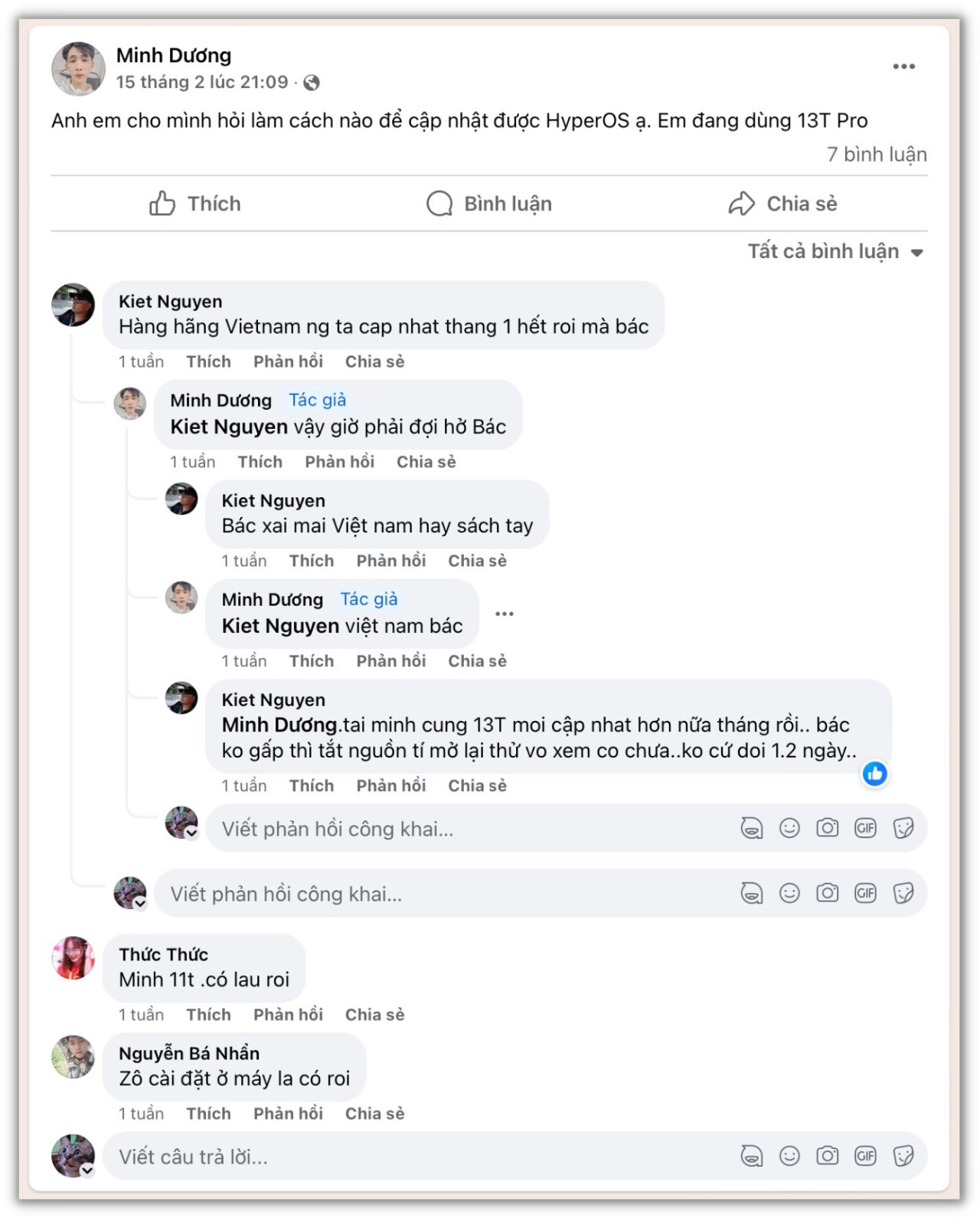 Tài khoản Facebook Minh Dương đăng bài chia sẻ về việc Xiaomi 13T Pro của anh ấy không nhận được bản cập nhật HyperOS. Nguồn: Facebook Minh Dương. Tài khoản Facebook Minh Dương đăng bài chia sẻ về việc Xiaomi 13T Pro của anh ấy không nhận được bản cập nhật HyperOS. Nguồn: Facebook Minh Dương.