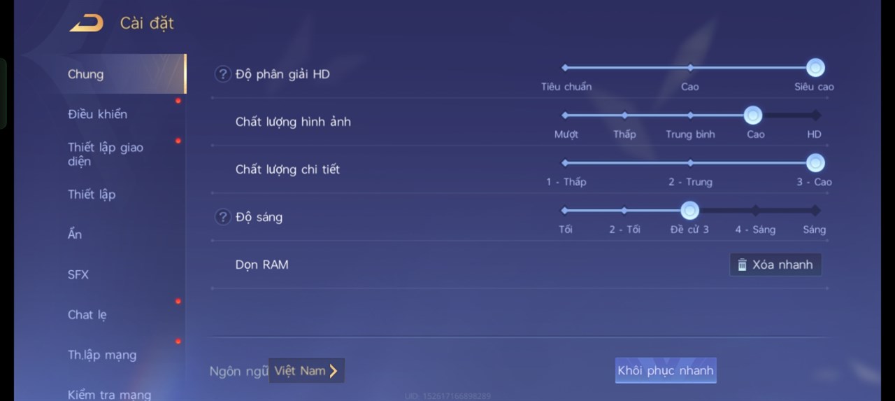 Thiết lập đồ họa Liên Quân Mobile mà mình đã đặt cho bài test pin OPPO Reno11 F 5G.