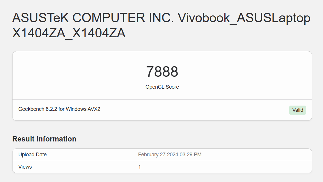 Điểm đồ họa OpenGL Geekbench 6 của ASUS Vivobook X1404ZA