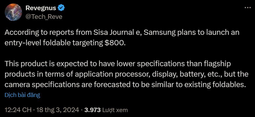 Leaker @Tech_Reve chia sẻ về kế hoạch tung ra Galaxy Z Fold 6 giá rẻ trong năm nay của Samsung