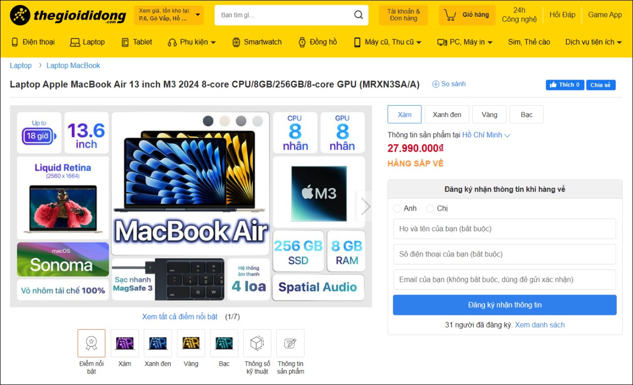 Tìm hiểu cấu hình và giá bán MacBook Air M3 13 inch