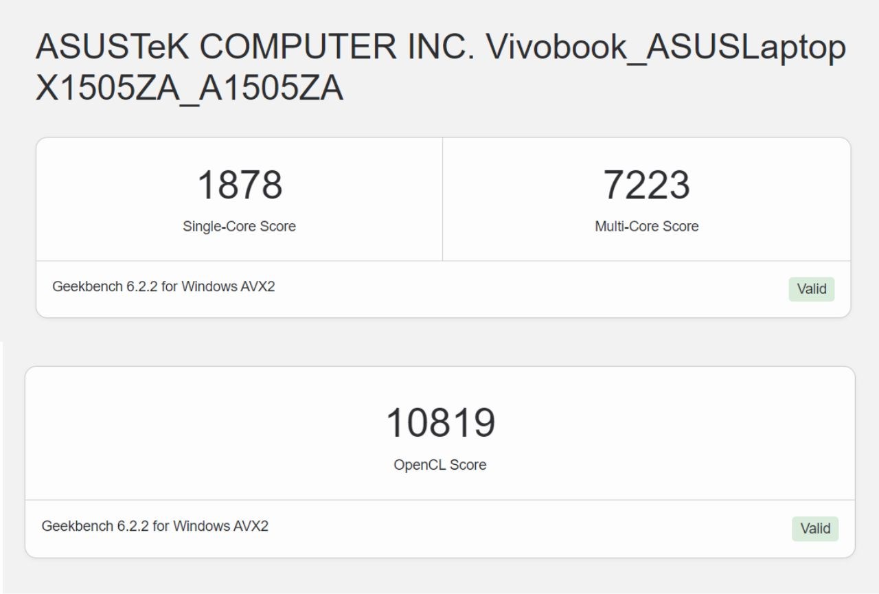 Kết quả bài test GeekBench 6 của ASUS Vivobook 15 OLED A1505ZA. Kết quả bài test GeekBench 6 của ASUS Vivobook 15 OLED A1505ZA.