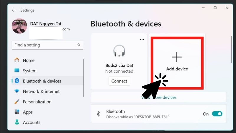 Bật Bluetooth ON (nút bấm góc phải dưới ảnh) và nhấn dấu cộng lớn Add Device