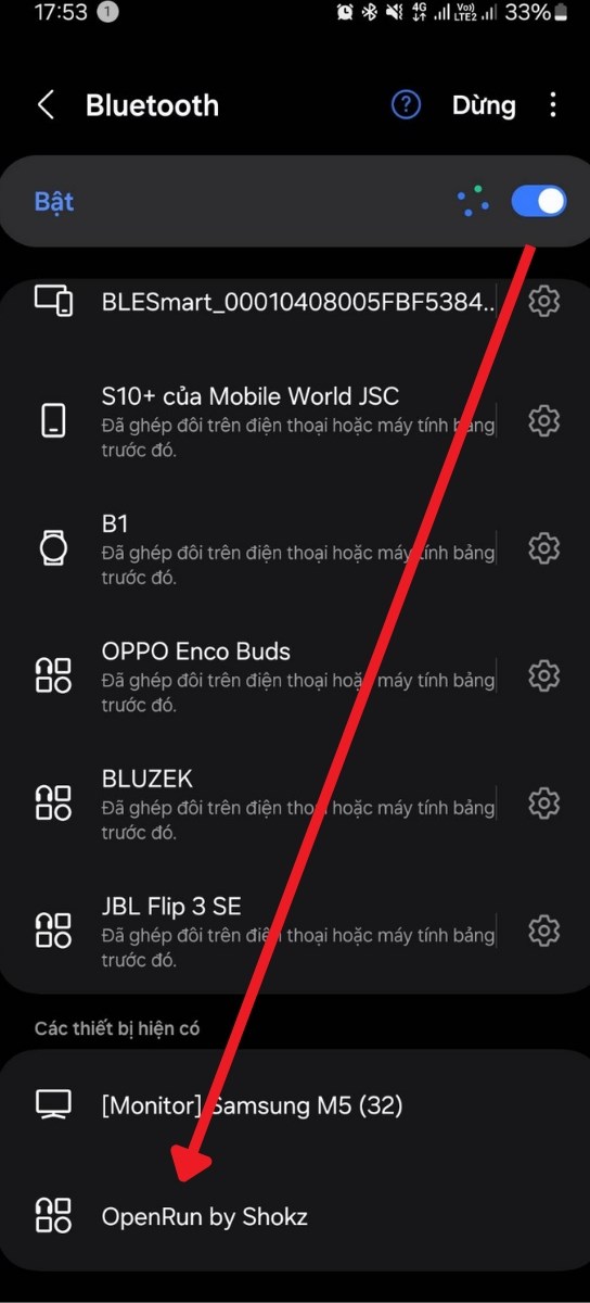 Bật Bluetooth trên điện thoại và tìm tên tai nghe OpenRun by Shokz