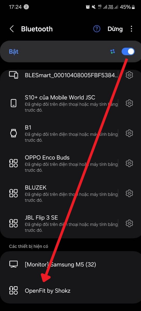Bật Bluetooth trên điện thoại và tìm tên tai nghe OpenFit by Shokz