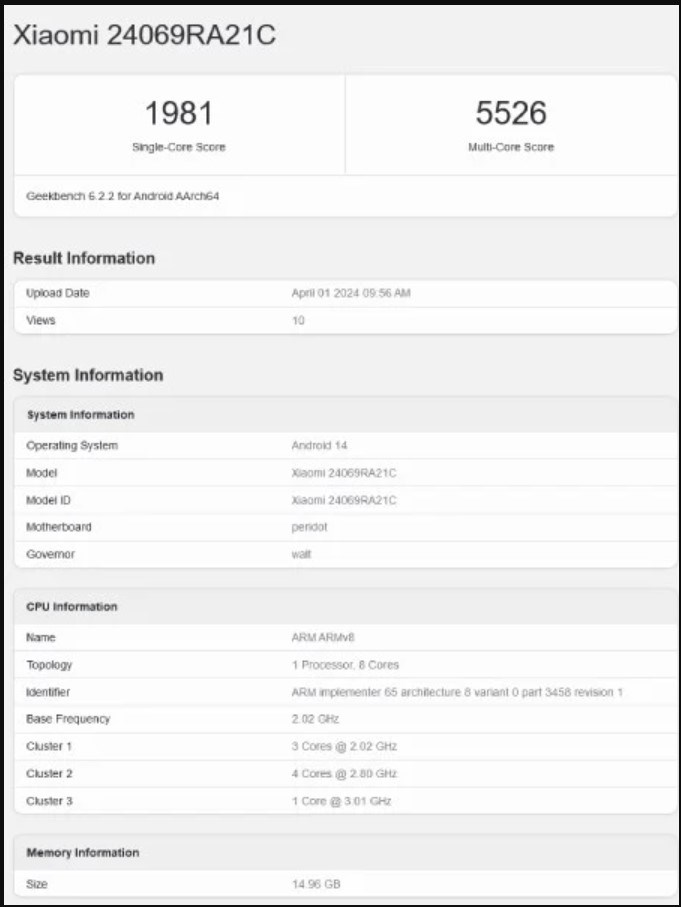 Điểm hiệu năng Geekbench bị rò rỉ của Redmi Turbo 3