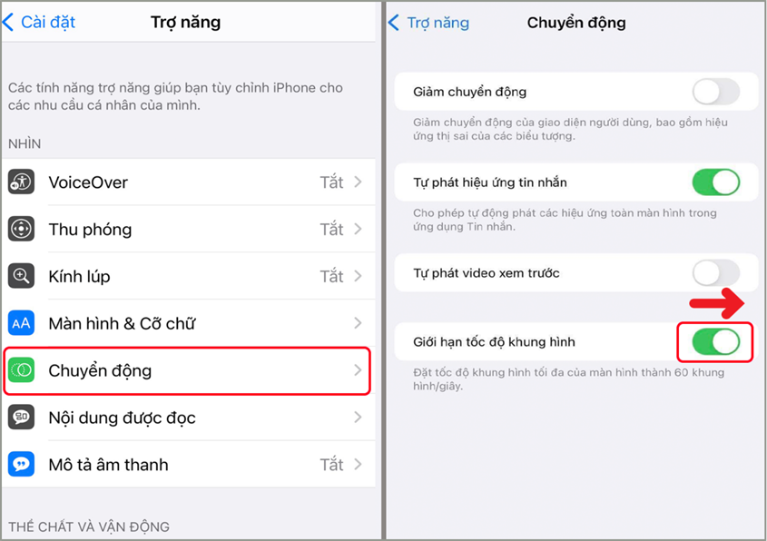 Gạt nút gạt sang bên phải để mở Giới hạn tốc độ khung hình Gạt nút gạt sang bên phải để mở Giới hạn tốc độ khung hình