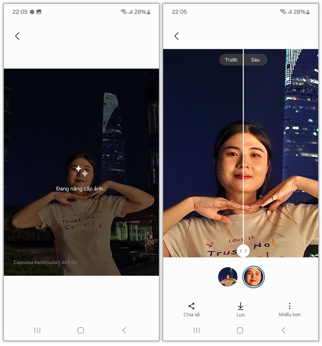 Photo Remaster trên Galaxy A55 5G biến các bức ảnh trở nên sống động và thu hút hơn. Photo Remaster trên Galaxy A55 5G biến các bức ảnh trở nên sống động và thu hút hơn.