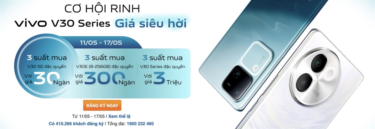 Hơn 400 ngàn lượt đăng ký trúng suất mua Vivo V30 5G chỉ 30 ngàn, 3 suất Vivo V30E 300 ngàn và V30 series chỉ 3 triệu, quá dữ dội. Hơn 400 ngàn lượt đăng ký trúng suất mua Vivo V30 5G chỉ 30 ngàn, 3 suất Vivo V30E 300 ngàn và V30 series chỉ 3 triệu, quá dữ dội.