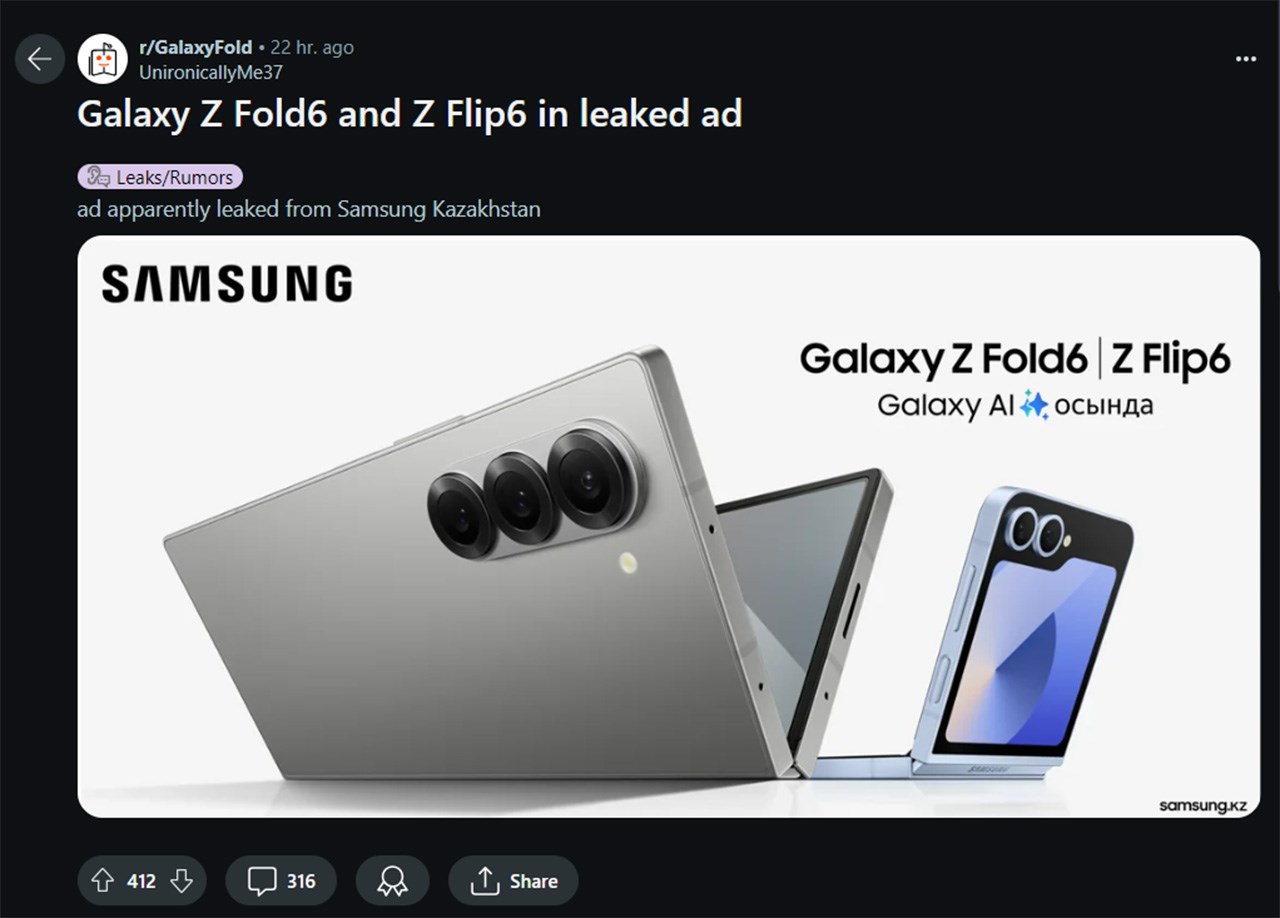 Bài đăng trên Reddit về hình ảnh quảng cáo bị rò rỉ của Samsung về Z Fold6 và Z Flip6 Bài đăng trên Reddit về hình ảnh quảng cáo bị rò rỉ của Samsung về Z Fold6 và Z Flip6