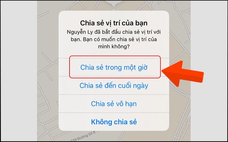 Thiết bị B lựa chọn có chia sẻ vị trí cho thiết bị A hay không