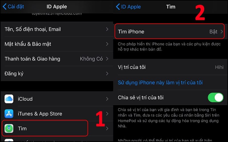 Thiết lập cài đặt Tìm iPhone