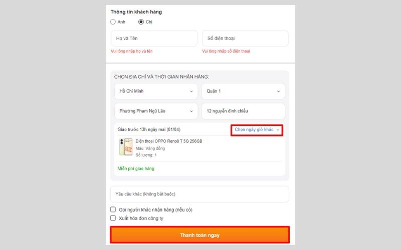 Điền thông tin cần thiết và chọn thanh toán ngay