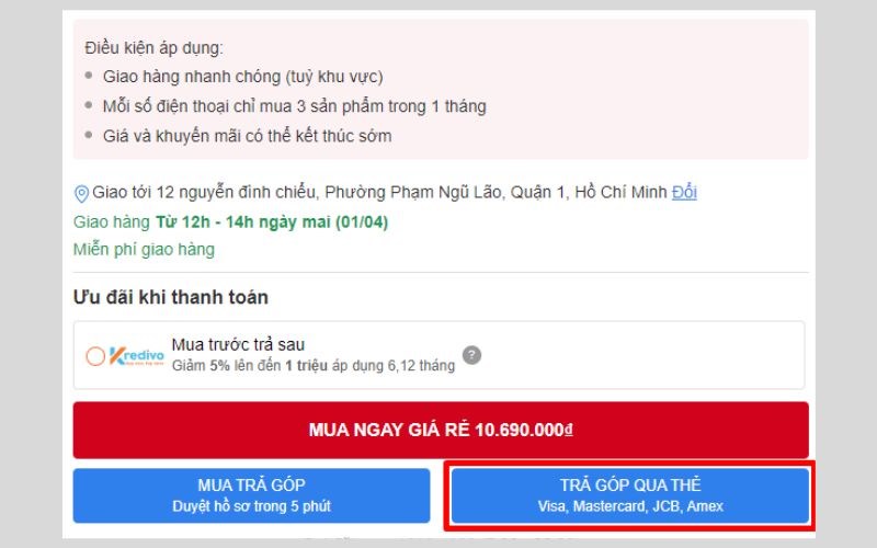 Chọn TRẢ GÓP QUA THẺ