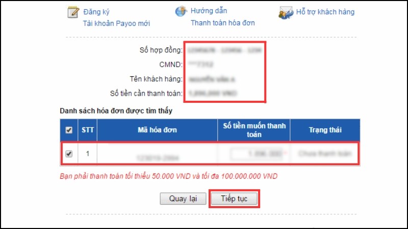 Kiểm tra thông tin thanh toán của hợp đồng và nhấn tiếp tục để tiến hành thủ tục thanh toán