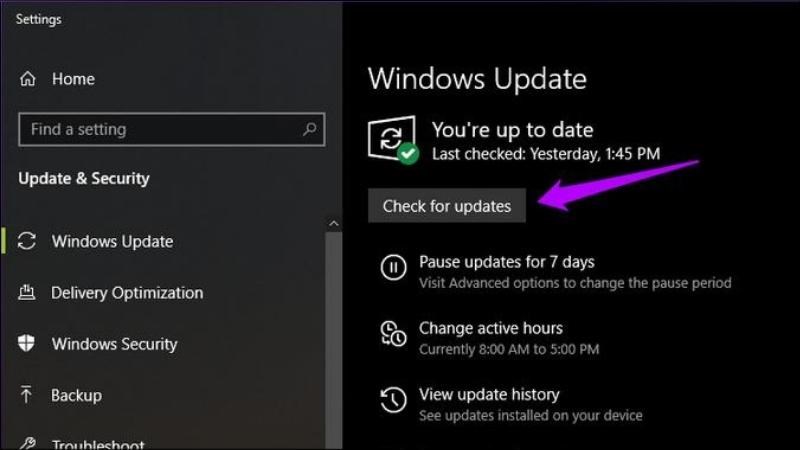 Nhấn Windows Update > Bấm Check for update để cập nhật Windows 10