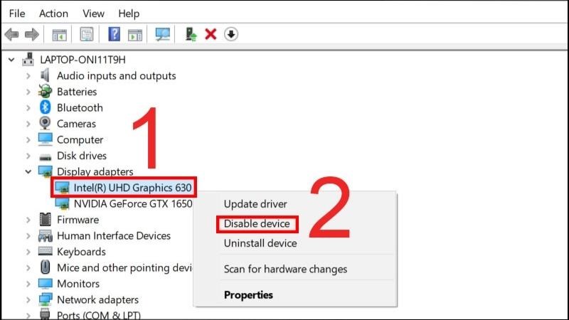 Bấm chuột phải vào adapter màn hình > Chọn Disable Device