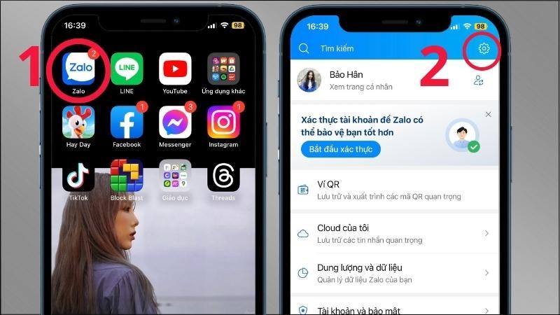 Vào Zalo trên điện thoại > Chuyển sang tab Cá nhân rồi chọn Cài đặt Vào Zalo trên điện thoại > Chuyển sang tab Cá nhân rồi chọn Cài đặt