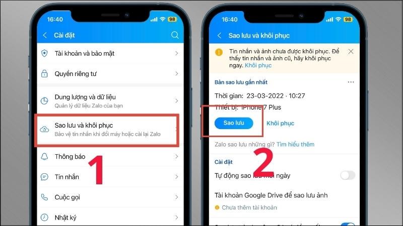 Nhấn vào mục Sao lưu và khôi phục > Nhấn Sao lưu Nhấn vào mục Sao lưu và khôi phục > Nhấn Sao lưu