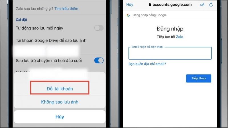 Nhấn vào Đổi tài khoản > Tiến hành đăng nhập Email mới Nhấn vào Đổi tài khoản > Tiến hành đăng nhập Email mới