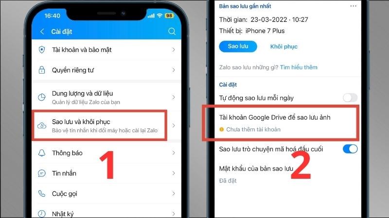 Nhấn vào Sao lưu và khôi phục > Chọn Tài khoản Google Drive để sao lưu ảnh Nhấn vào Sao lưu và khôi phục > Chọn Tài khoản Google Drive để sao lưu ảnh