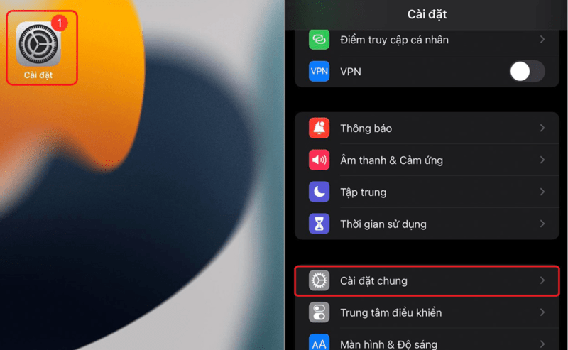 m Vào Cài đặt chung trong Cài đặt