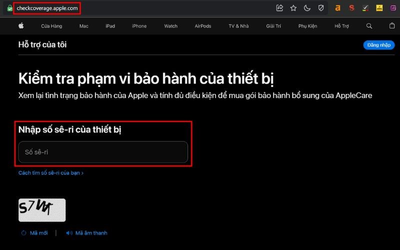Truy cập vào trang kiểm tra của iPhone và nhập số Sê-ri của máy Truy cập vào trang kiểm tra của iPhone và nhập số Sê-ri của máy