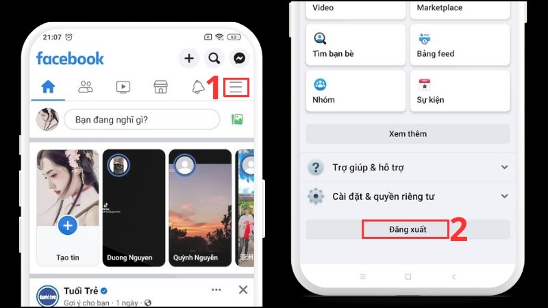 z Nhấn vào biểu tượng Menu và chọn đăng xuất ở cuối màn hình
