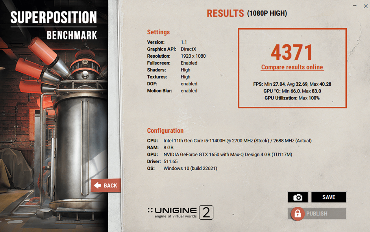 Điểm Superposition Benchmark chấm điểm hiệu năng GTX 1650