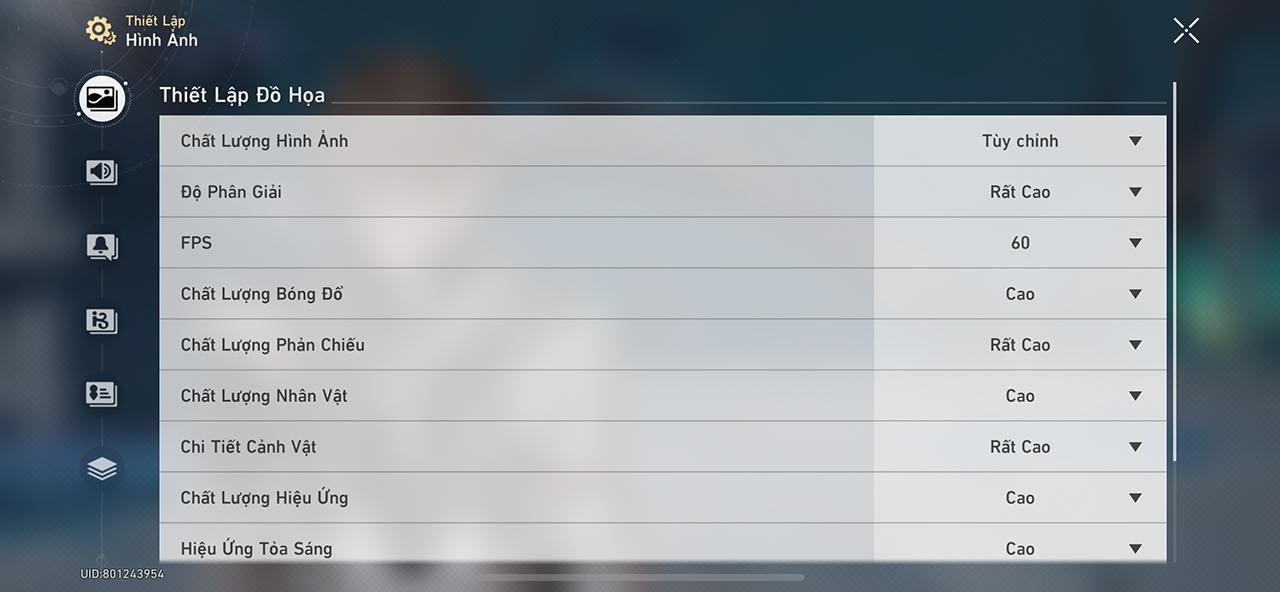 Thiết lập đồ họa Honkai: Star Rail mà mình áp dụng trên iPhone 14 Plus.