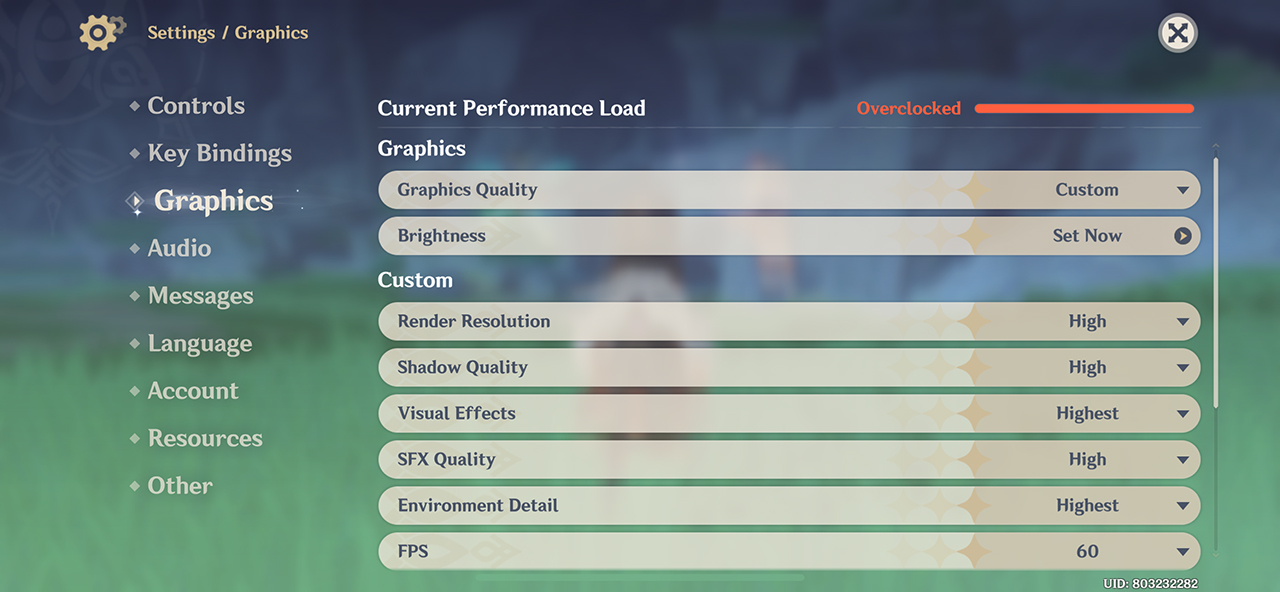Thiết lập đồ họa Genshin Impact mà mình áp dụng trên iPhone 14 Plus.