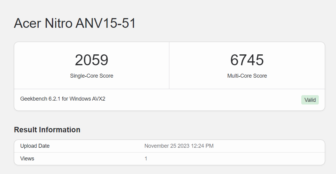Điểm hiệu năng đơn nhân, đa nhân của Acer Nitro V ANV15 được chấm bởi Geekbench 6 Điểm hiệu năng đơn nhân, đa nhân của Acer Nitro V ANV15 được chấm bởi Geekbench 6