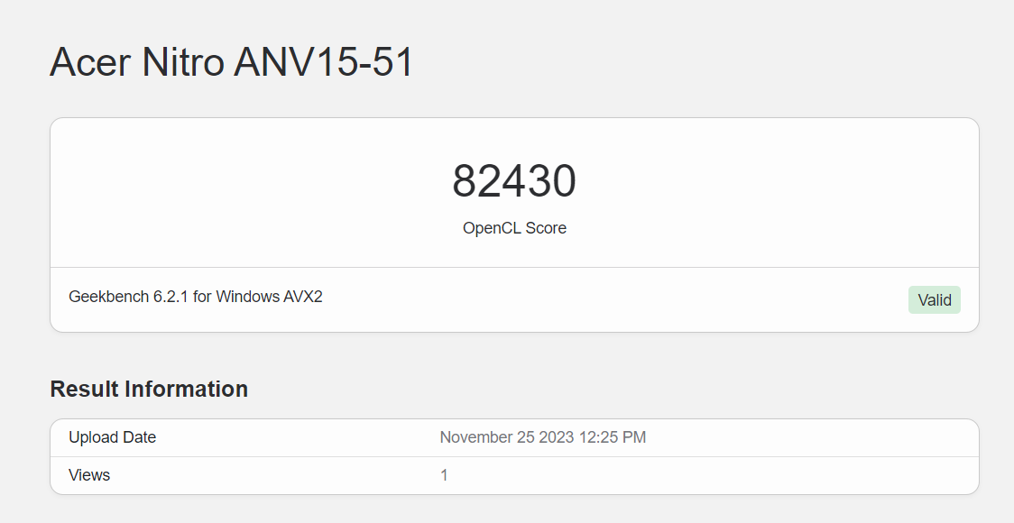 Điểm hiệu năng đồ họa OpenCL của Acer Nitro V ANV15 được chấm bởi Geekbench 6 Điểm hiệu năng đồ họa OpenCL của Acer Nitro V ANV15 được chấm bởi Geekbench 6