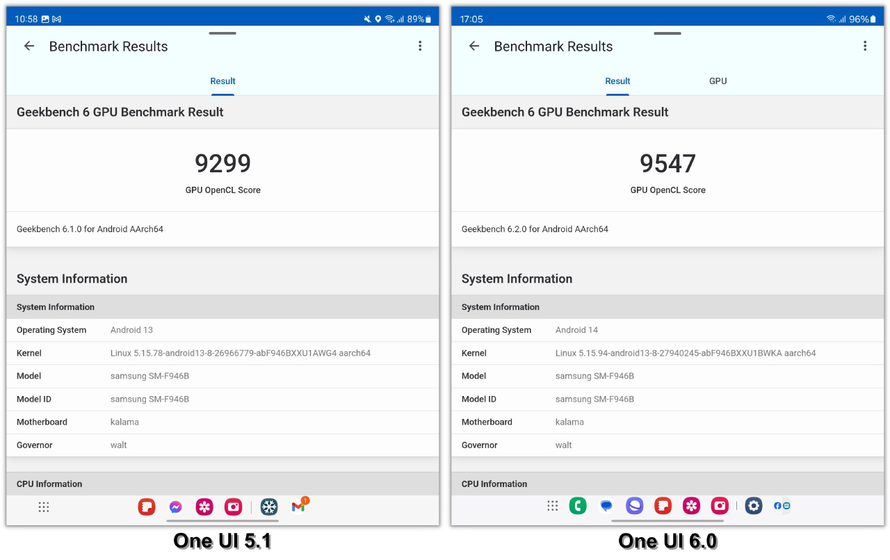 Điểm GeekBench 6 (GPU Compute OpenCL) của Galaxy Z Fold5 chạy One UI 5.1 (trái) và One UI 6.0 (phải).