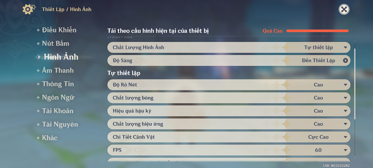 Thiết lập đồ họa Genhsin Impact mà mình áp dụng trên Xiaomi 13T.