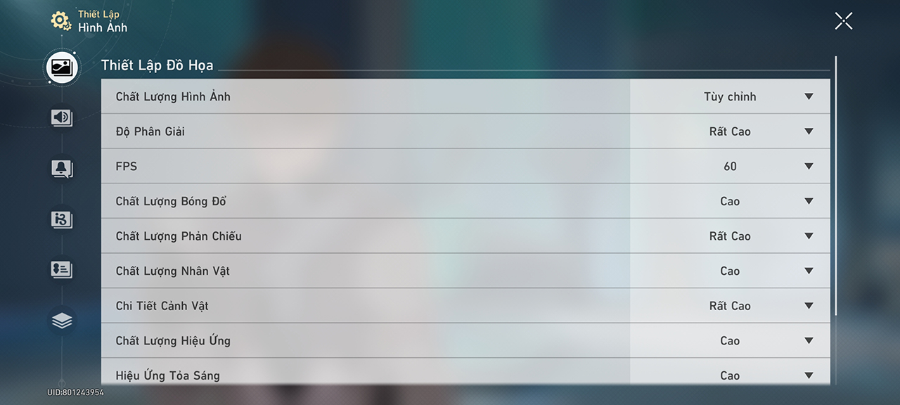 Thiết lập đồ họa Honkai: Star Rail mà mình áp dụng trên Xiaomi 13T.