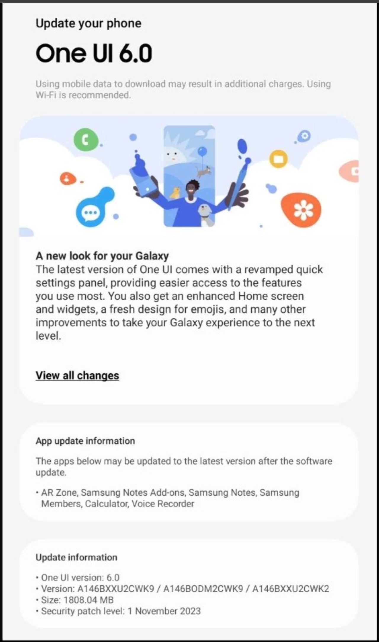 Phiên bản cập nhật One UI 6.0 trên Galaxy A14 5G có dung lượng khoảng 1.8 GB Phiên bản cập nhật One UI 6.0 trên Galaxy A14 5G có dung lượng khoảng 1.8 GB