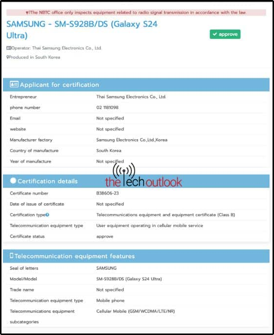 Galaxy S24 Ultra xuất hiện trên trang NBTC của Thái Lan