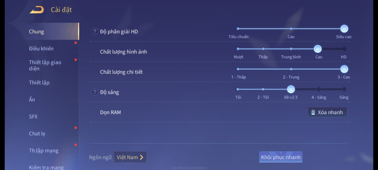 Thiết lập đồ họa trong Liên Quân Mobile mà mình dùng để test pin Galaxy M54 5G