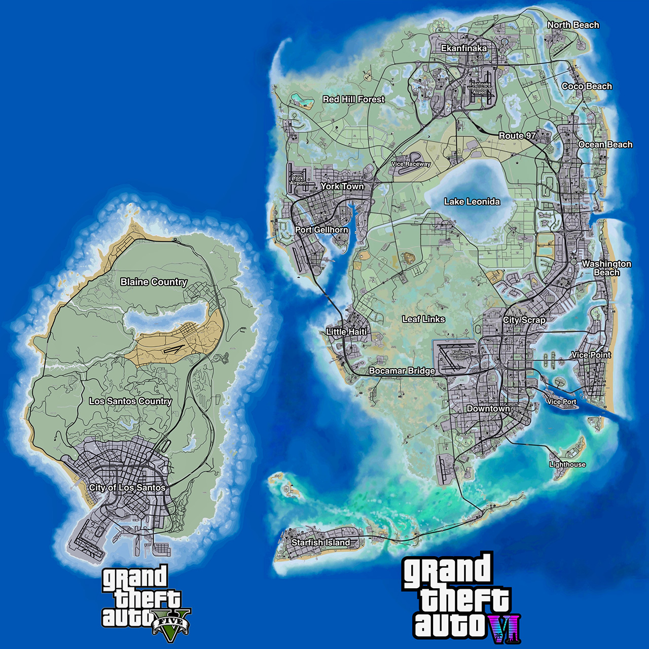 Hệ thống bản đồ tin đồn của GTA VI khi so sánh với bản đồ của GTA V Hệ thống bản đồ tin đồn của GTA VI khi so sánh với bản đồ của GTA V