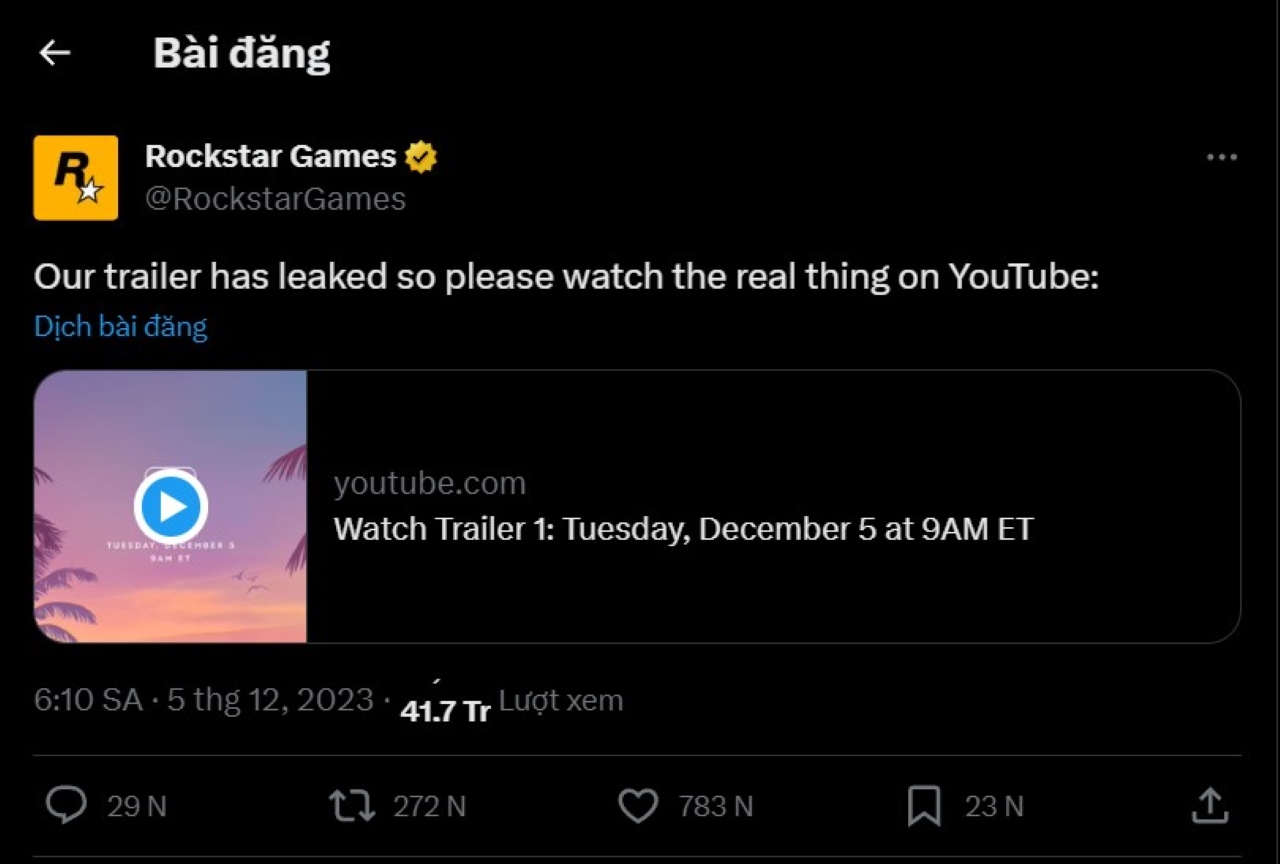 Bài viết của Rockstar Games thông báo về trailer đầu tiên của GTA VI đã chính thức ra mắt