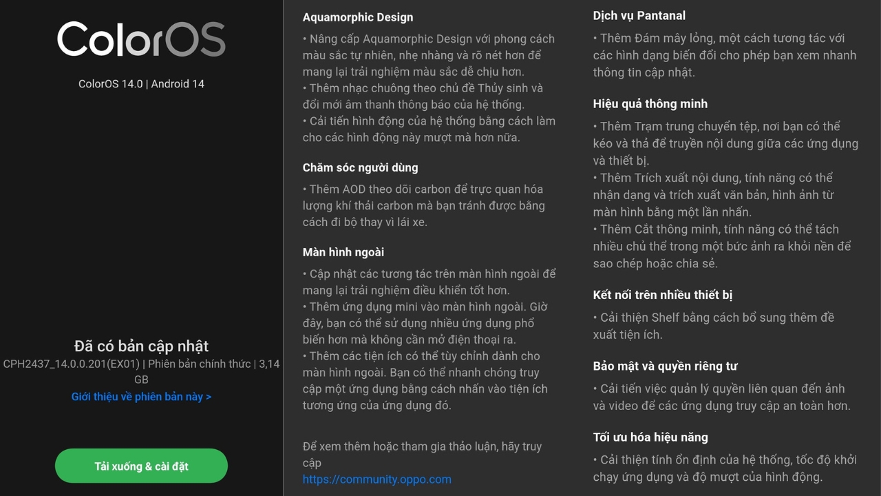 Bản cập nhật ColorOS 14 nặng 3.14 GB và dựa trên Android 14