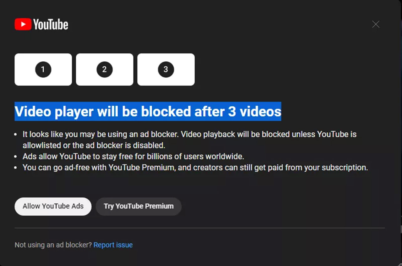 Lời nhắc nhở của Google khi người dùng bật tính năng chặn quảng cáo trên YouTube 