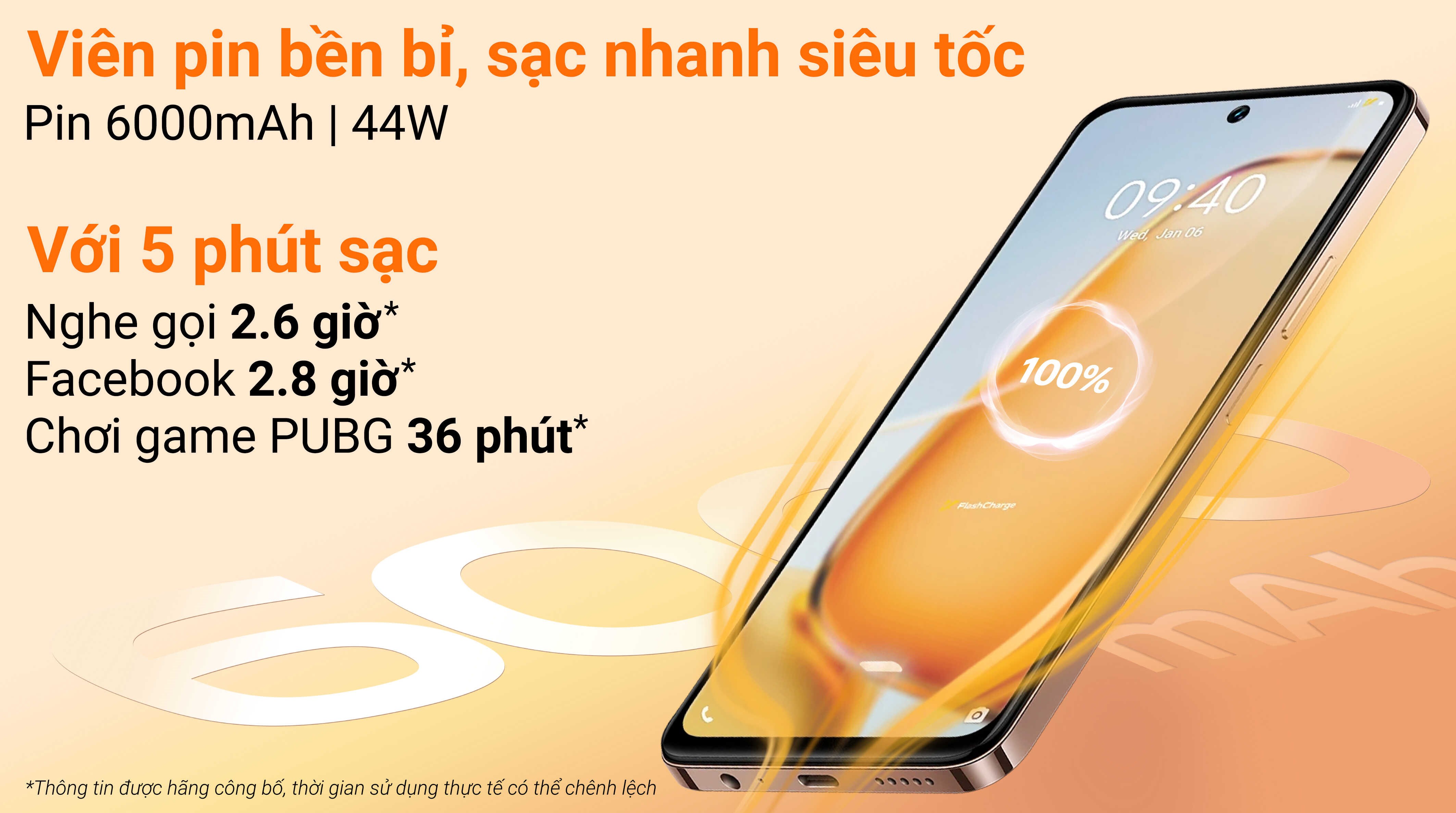 Pin 6000mAh, sạc nhanh 44W Pin 6000mAh, sạc nhanh 44W
