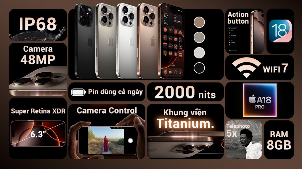 Chip A18 Pro mạnh mẽ, cụm 3 camera chuyên nghiệp