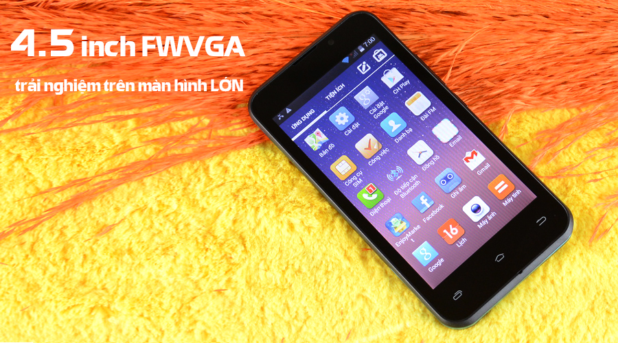 <p>M&agrave;n h&igrave;nh lớn 4.5 inch cho bạn trải nghiệm giải tr&iacute;, xem phim thật đ&atilde;. Độ ph&acirc;n giải&nbsp; 480 x 854 Pixels hiển thị m&agrave;u trung thực v&agrave; sắc n&eacute;t.</p>