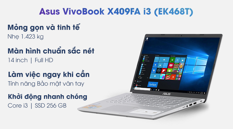 Laptop Asus VivoBook X409FA i3 8145U/4GB/256GB/Win10 (EK468T)