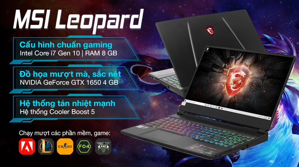 Laptop MSI Gaming GL65 Leopard 10SCXK i7 10750H/8GB/512GB/4GB GTX1650/144Hz/Balo/Chuột/Win10 (217VN)