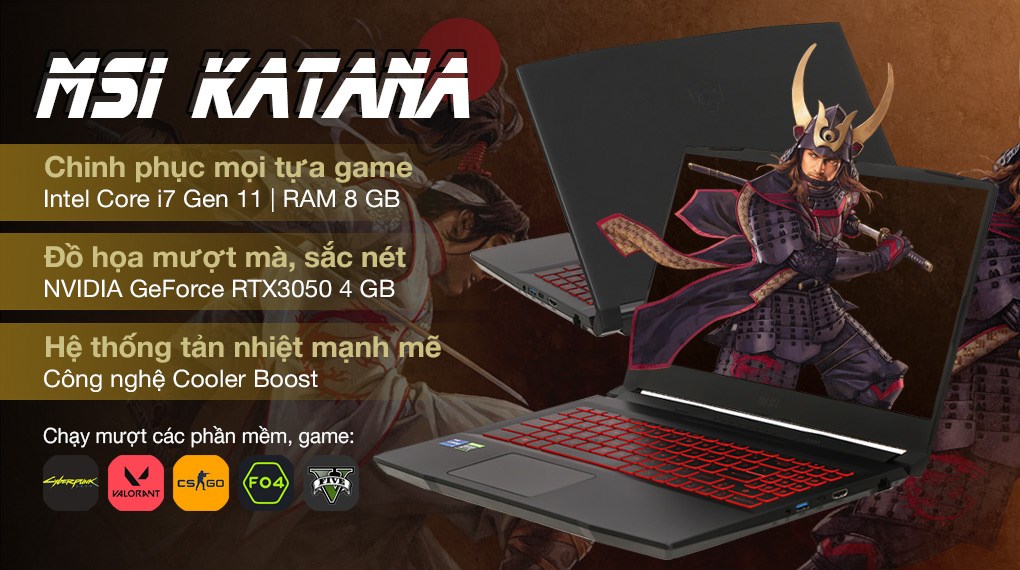 Laptop MSI Katana Gaming GF66 11UC i7 11800H/8GB/512GB/4GB RTX3050/144Hz/Balo/Win10 (224VN)